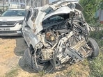 The mangled remains of car that crashed at Dwarka Expressway divider, Sector 110, Gurugram, on Thursday. (PARVEEN KUMAR/HINDUSTAN TIMES)