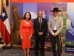 (L-R) Patricia Vrij, wife of the Ambassador; Rudrendra Tandon, Secretary (East), Ministry of External Affairs, India; and Juan Angulo, Ambassador of Chile to India