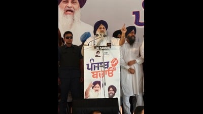 During his address, the SAD leader further unveiled various welfare and development promises including ₹1 lakh Shagun scheme, ₹3,100 old-age pension among others. (HT) During his address, the SAD leader further unveiled various welfare and development promises including ₹1 lakh Shagun scheme, ₹3,100 old-age pension among others. (HT)