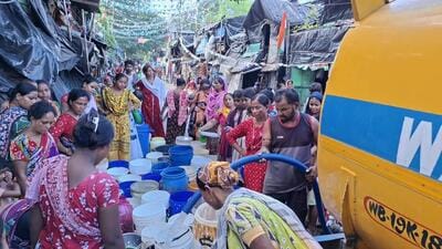With no water in the taps close to their shanties, women and children fetch water from adjacent colonies, while water tankers are hired twice every week to supply water to the residents. With no water in the taps close to their shanties, women and children fetch water from adjacent colonies, while water tankers are hired twice every week to supply water to the residents.