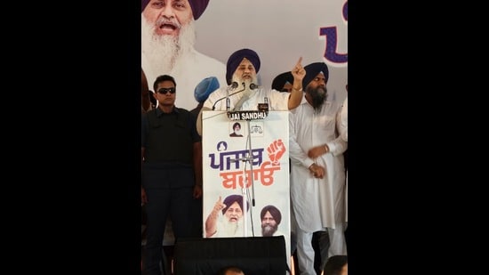 During his address, the SAD leader further unveiled various welfare and development promises including ₹1 lakh Shagun scheme, ₹3,100 old-age pension among others. (HT)
