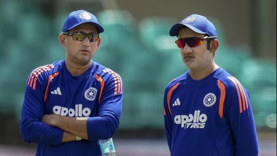 India coach Gautam Gambhir (R) and chief selector Ajit Agarkar during a team training session in Galle. (PTI)