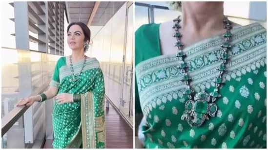 Standing against the golden twilight skyline on her Antilia balcony, Nita Ambani delivered a fashion moment before bidding farewell to Lord Ganesha. (Instagram/ nitamukeshambani)