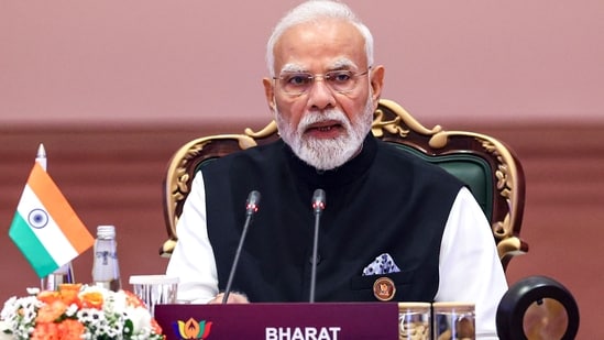 Prime Minister Narendra Modi addresses the 18th BRICS Summit, at the Bharat Mandapam, in New Delhi. (@NarendraModi)