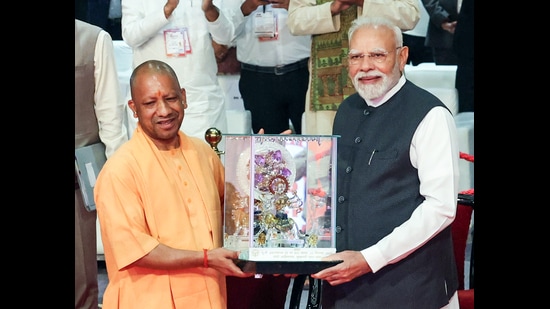 Prime Minister Narendra Modi is being facilitated by Uttar Pradesh Chief Minister Yogi Adityanath during the inauguration of Uttar Pradesh International Trade Show 2025, in Greater Noida (File)