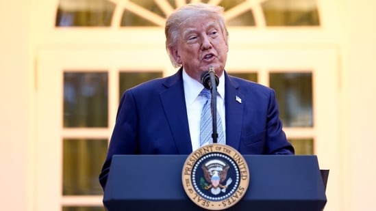 US President Donald Trump speaks during a Rose Garden dinner at the White House in Washington, DC, US.
