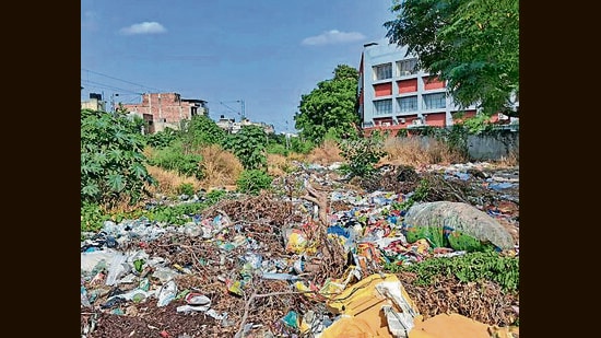 Waste dumped near Guru Nanak Public School at Model Town Extension in Ludhiana on Friday. (Gurpreet Singh/ht)
