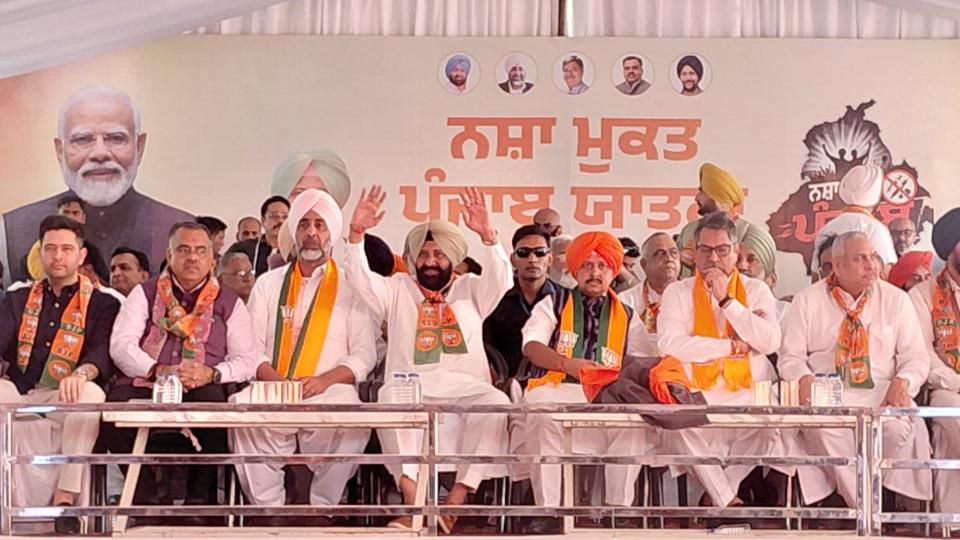 BJP chief Nitin Nabin (in saffron turban) along with Punjab unit chief Kewal Singh Dhillon and party leaders Tarun Chugh, Manpreet Singh Badal and Raghav Chadha during the Madhopur rally on Friday. (HT Photo) BJP chief Nitin Nabin (in saffron turban) along with Punjab unit chief Kewal Singh Dhillon and party leaders Tarun Chugh, Manpreet Singh Badal and Raghav Chadha during the Madhopur rally on Friday. (HT Photo)