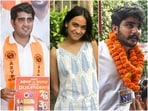 (L-R) - DUSU presidency race candidates Yash Dabas, Ananya Raturi and Vijay Shankar Meena.