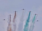 IAF’s Surya Kiran aerobatic team performs an aerial manoeuvre over Meerut during its first air show in the city on Saturday. (Sourced)