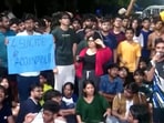 IIT Bombay students stage protest at main gate.(Screengrab/ANI)