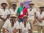 International master Atanu Lahiri (standing centre/captain) with the Bhutan team at the 2026 Fide Chess Olympiad in Samarkand. (HT Photo)