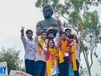 In this image posted on Sept. 19, 2026, Akhil Bharatiya Vidyarthi Parishad's (ABVP) Yash Dabas and others celebrate after winning three of the four central panel posts in the Delhi University Students' Union (DUSU) elections, at North Campus, in New Delhi.