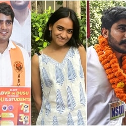 (L-R) - DUSU presidency race candidates Yash Dabas, Ananya Raturi and Vijay Shankar Meena.