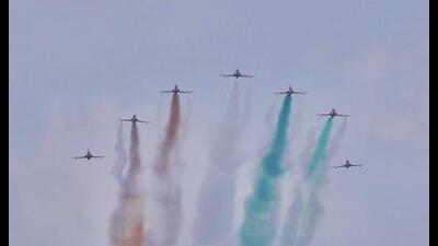 IAF’s Surya Kiran aerobatic team performs an aerial manoeuvre over Meerut during its first air show in the city on Saturday. (Sourced) IAF’s Surya Kiran aerobatic team performs an aerial manoeuvre over Meerut during its first air show in the city on Saturday. (Sourced)