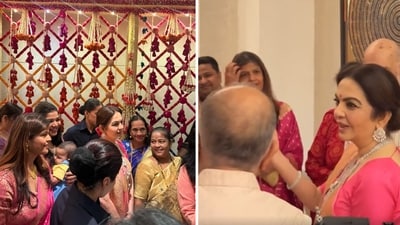 Sudhanshu Bala Singh shared these pictures of Nita Ambani at Antilia during Ganesh Utsav. (Sudhanshu Bala Singh) Sudhanshu Bala Singh shared these pictures of Nita Ambani at Antilia during Ganesh Utsav. (Sudhanshu Bala Singh)