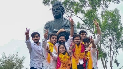 In this image posted on Sept. 19, 2026, Akhil Bharatiya Vidyarthi Parishad's (ABVP) Yash Dabas and others celebrate after winning three of the four central panel posts in the Delhi University Students' Union (DUSU) elections, at North Campus, in New Delhi. (@ABVPVoice)