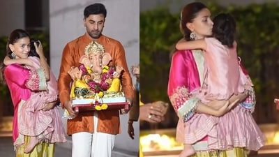 Alia Bhatt, Ranbir Kapoor, and Raha Kapoor during the Ganesh visarjan on Friday evening. Alia Bhatt, Ranbir Kapoor, and Raha Kapoor during the Ganesh visarjan on Friday evening.