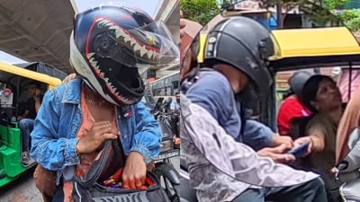A Bengaluru biker’s sweet gesture for a female auto driver amid heavy traffic has delighted social media users. (Instagram/dimple_with_dumbbell) A Bengaluru biker’s sweet gesture for a female auto driver amid heavy traffic has delighted social media users. (Instagram/dimple_with_dumbbell)
