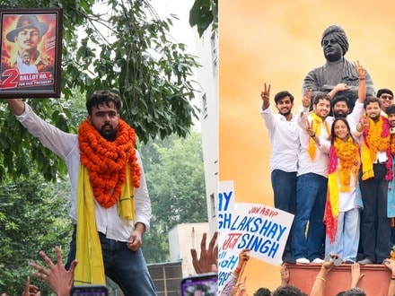 দিল্লি বিশ্ববিদ্যালয়ের ছাত্র সংসদ নির্বাচনের চারটি কেন্দ্রীয় পদের মধ্যে তিনটিতেই এবিভিপি জিতল। অপর পদে জিতলেন নির্দল প্রার্থী। (ছবি সৌজন্যে এএনআই এবং ABVP)
