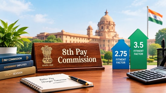 8th Pay Commission salary hike: Illustrative calculations show how 2.75 and 3.5 fitment factors could change basic pay for central government employees across different pay matrix levels. (AI-generated image for representational purposes only.)