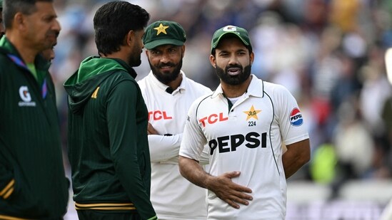 Mohammad Rizwan and Pakistan players on the field after England won by an Innings and 103 runs on day three of the first Test.