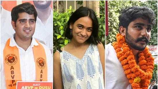 (L-R) - DUSU presidency race candidates Yash Dabas, Ananya Raturi and Vijay Shankar Meena.