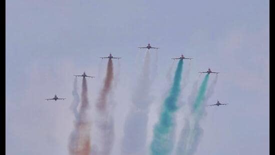 IAF’s Surya Kiran aerobatic team performs an aerial manoeuvre over Meerut during its first air show in the city on Saturday. (Sourced)