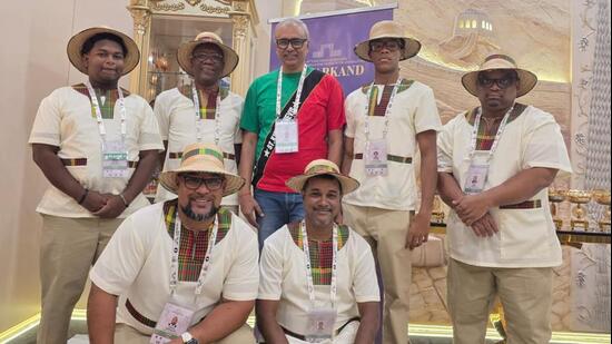 International master Atanu Lahiri (standing centre/captain) with the Bhutan team at the 2026 Fide Chess Olympiad in Samarkand. (HT Photo)