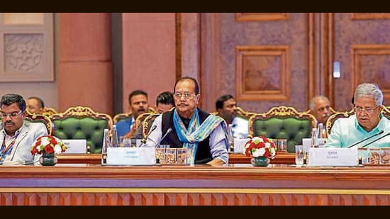 Jharkhand finance minister Radhakrishna Kishore attends a 2-day conference in New Delhi on Saturday (HT PHOTO)