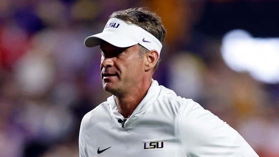 Head coach Lane Kiffin of the LSU Tigers watches warm ups prior to a game against the Clemson Tigers at Tiger Stadium on September 5.