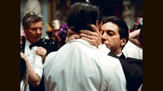 Michael Corleone kisses his brother Fredo in The Godfather Part II (1974).
