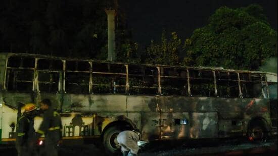 The Janrath bus that caught fire on Hardoi-Kanpur highway. (Sourced)