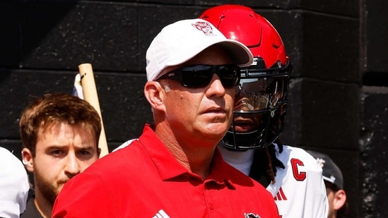 Dave Doeren of the NC State Wolfpack leads his team out prior to the game against the Vanderbilt Commodores at FirstBank Stadium on September 19.