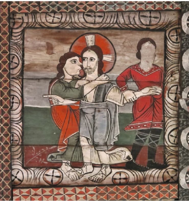 Kiss of death: A 12th century ceiling panel at Church of St Martin, Zillis, Switzerland, shows Judas’s betrayal of Jesus. (Image: The Kiss: A History of Passion and Power) Kiss of death: A 12th century ceiling panel at Church of St Martin, Zillis, Switzerland, shows Judas’s betrayal of Jesus. (Image: The Kiss: A History of Passion and Power)