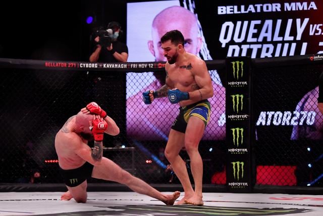 Patricky 'Pitbull' Freire knocks out Peter Queally during their lightweight world title bout in 2021. (REUTERS)