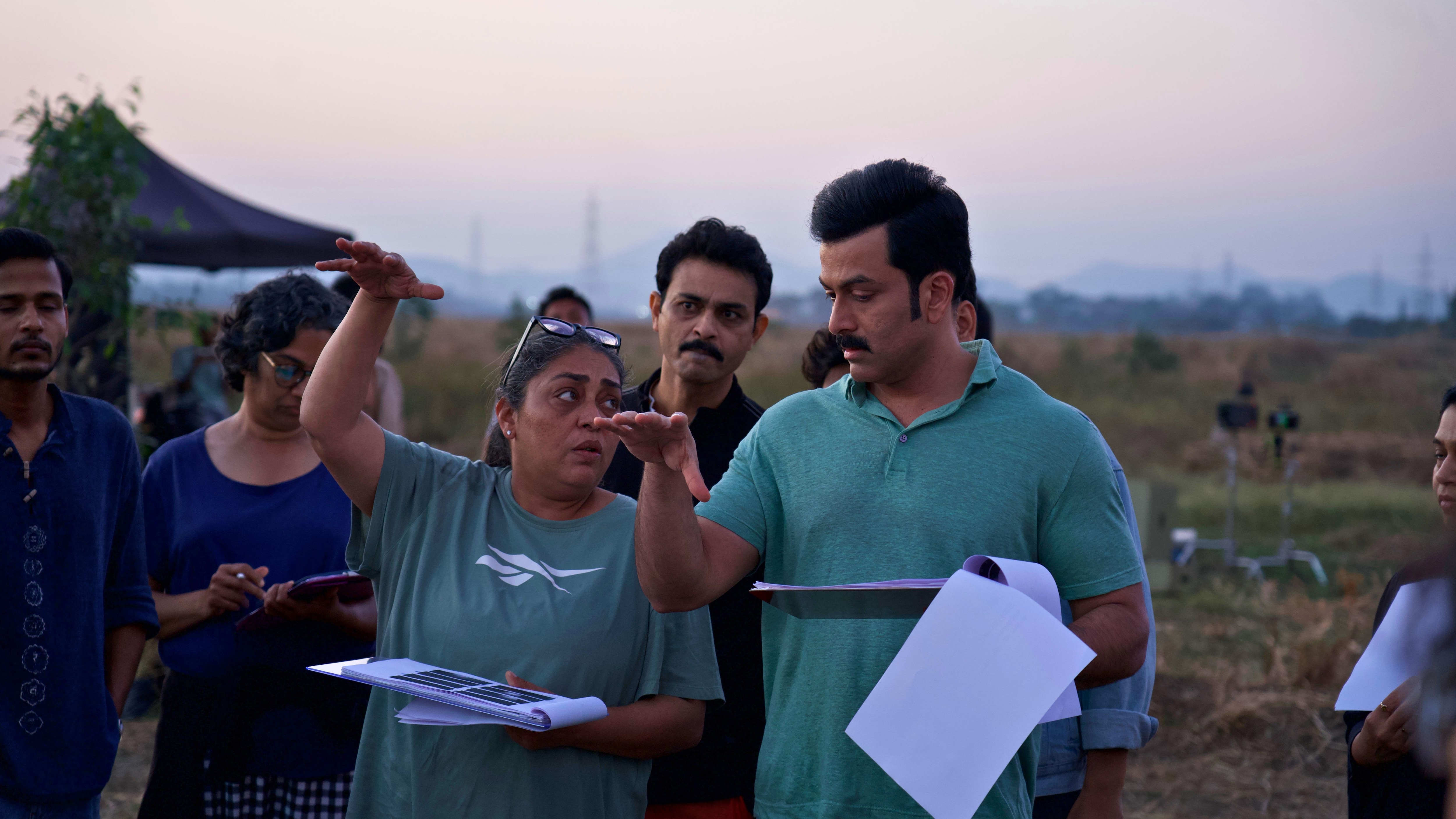 Meghna and Prithviraj Sukumaran on the sets of Daayra. Meghna and Prithviraj Sukumaran on the sets of Daayra.