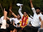 ABVP winning candidate Yash Dabas at DU Art’sFaculty in New Delhi on Saturday. (Ishant Chauhan/HT Photo)