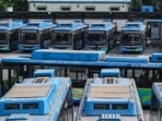 Buses parked inside the Hasanpur Bus Depot amid the ongoing strike by contractual Delhi Transport Corporation (DTC) workers. (RAJ K RAJ /HT PHOTO)