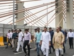 Delhi Cabinet Minister Parvesh Verma inspects the Barapulla Phase-3 project during a site visit on Saturday. (PTI)