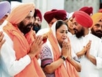 Delhi chief minister Rekha Gupta along with Punjab BJP president Kewal Singh Dhillon offering prayers at Gurdwara Sri Jyoti Saroop Sahib in Fatehgarh Sahib on Saturday. (HT Photo)