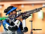 Elavenil Valarivan competes during the 10m air rifle women individual qualification and team final. (PTI)