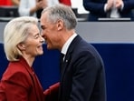 Canada's Prime Minister Mark Carney greets European Commission President Ursula von der Leyen after delivering a speech in the hemicycle at the European Parliament in Strasbourg, eastern France, on September 17, 2026. (AFP)