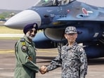 India's Chief of the Air Staff Amar Preet Singh (L) and Japan Air Self Defence Force (JASDF) Chief of Staff, General Takehiro Morita shake hands during a bilateral air exercise at Air Force Station in Jodhpur on September 20, 2026. (Photo by HIMANSHU SHARMA / AFP)(AFP)