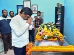 Jharkhand CM Hemant Soren pays tribute to the mortal remains of former minister late Vimala Pradhan, in Ranchi, on Saturday. (PTI)