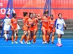 Indian women's hockey team wear saffron kits during their 19-0 win against Uzbekistan at the Asian Games 2026