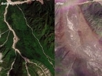 A combination of satellite images shows the valleys near the Nepal-China border on August 25, 2026, before the devastating floods and on August 26, 2026, after the disaster. (Planet Labs via Reuters)