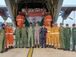 An Indian Air Force C-130 aircraft carrying 11 tonnes of relief material prepares to depart for Kathmandu as part of humanitarian assistance and disaster relief efforts in Nepal. 