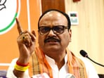 Uttar Pradesh deputy CM Brajesh Pathak addressing a press conference in Lucknow on September 20. (HT photo)