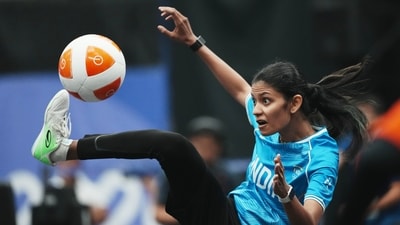 India's Quimcy Joaquim Dsouza kicks the ball during the women's singles bronze-medal teqball match against Japan's Yuina Sakamoto at the 20th Asian Games in Nagoya, Japan, Sept. 20, 2026. (AP/ PTI) India's Quimcy Joaquim Dsouza kicks the ball during the women's singles bronze-medal teqball match against Japan's Yuina Sakamoto at the 20th Asian Games in Nagoya, Japan, Sept. 20, 2026. (AP/ PTI)
